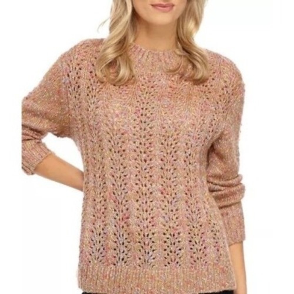 Democracy Confetti Metallic Gold Pointelle Knit Crewneck Sweater Knit Sz L